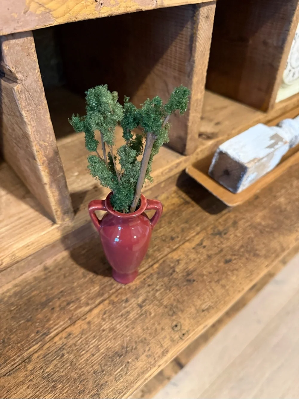 Vintage Ceramic Two-Handle Vase in Deep Rose with Faux Greenery Branches